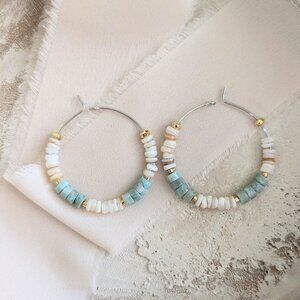 Aqua Amazonite and Shell with Gold Steel Hoop Handmade Earrings